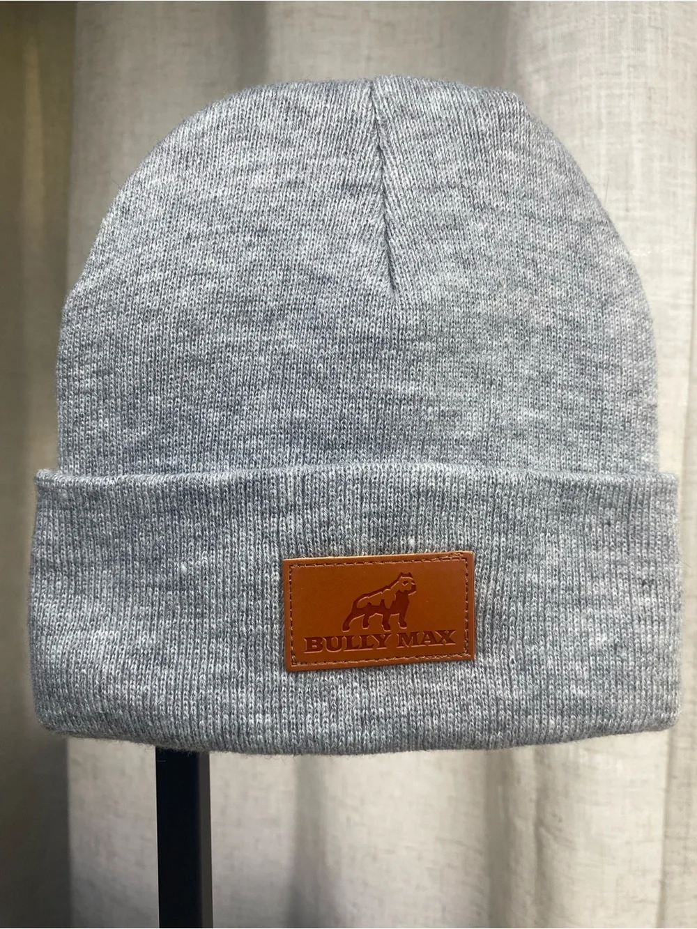 Pitbull Lovers! Bully Max Heather Grey Knit Beanie Brown Faux Leather Patch Cuff